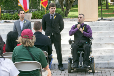 With fellow student veterans Joel Gomez and Chris Kuhn at his side, U.S. Army vet Felix Perez says veterans are united as brothers and sisters.