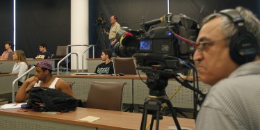 Filming in session: A crew makes preparations to film Spivey's class just before it gets underway.